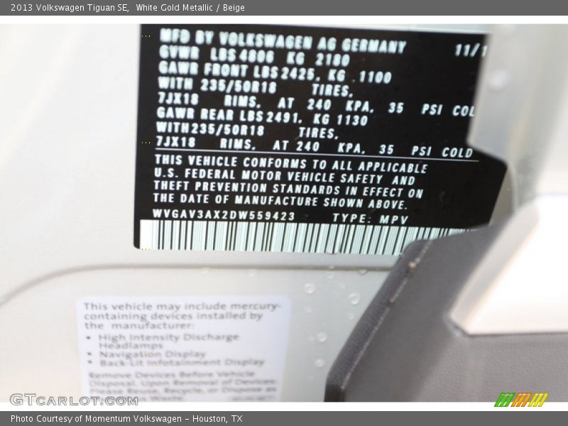 White Gold Metallic / Beige 2013 Volkswagen Tiguan SE