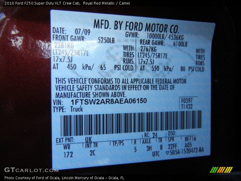 2010 F250 Super Duty XLT Crew Cab Royal Red Metallic Color Code UK