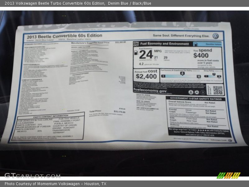  2013 Beetle Turbo Convertible 60s Edition Window Sticker