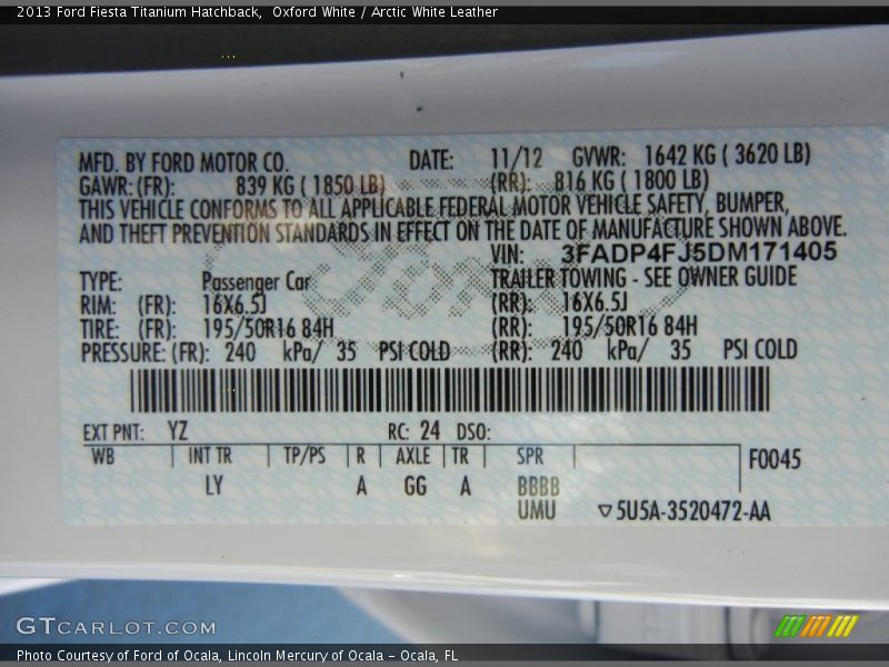 2013 Fiesta Titanium Hatchback Oxford White Color Code YZ
