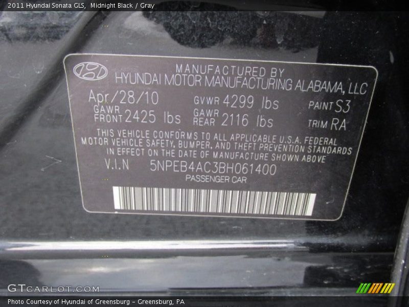 Midnight Black / Gray 2011 Hyundai Sonata GLS