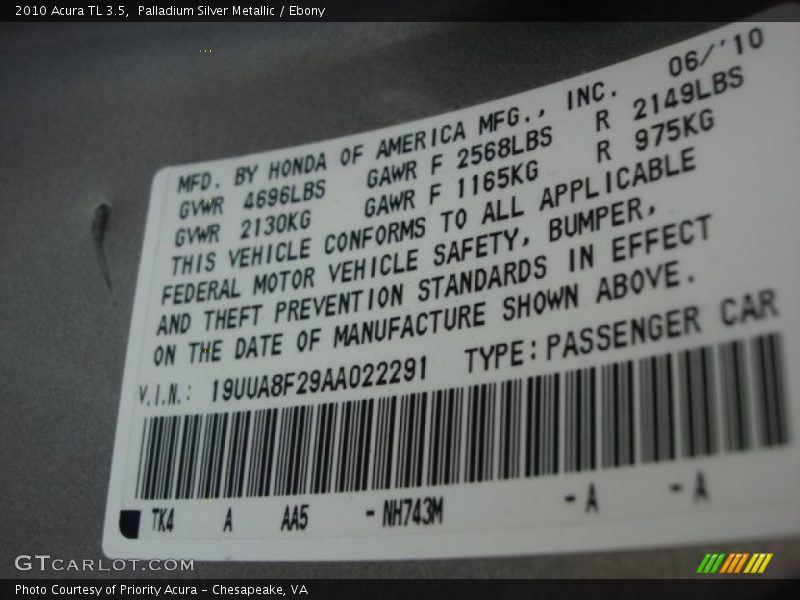 Palladium Silver Metallic / Ebony 2010 Acura TL 3.5