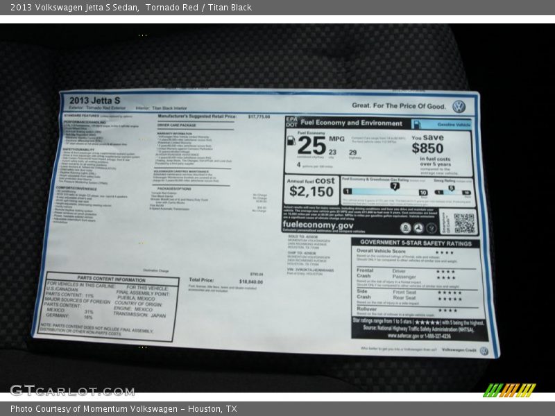  2013 Jetta S Sedan Window Sticker