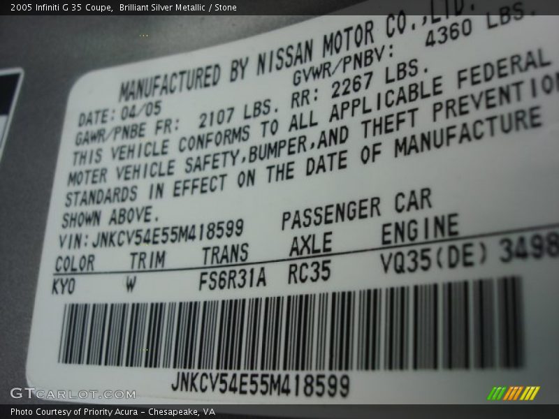 2005 G 35 Coupe Brilliant Silver Metallic Color Code KY0