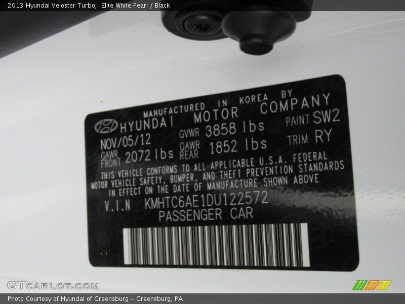 Elite White Pearl / Black 2013 Hyundai Veloster Turbo