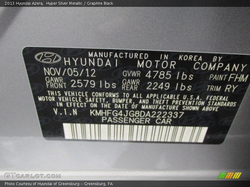 Hyper Silver Metallic / Graphite Black 2013 Hyundai Azera