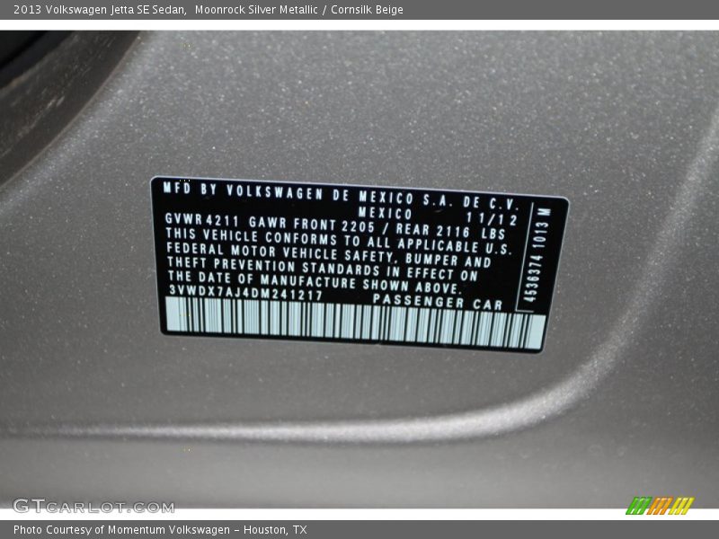 Moonrock Silver Metallic / Cornsilk Beige 2013 Volkswagen Jetta SE Sedan