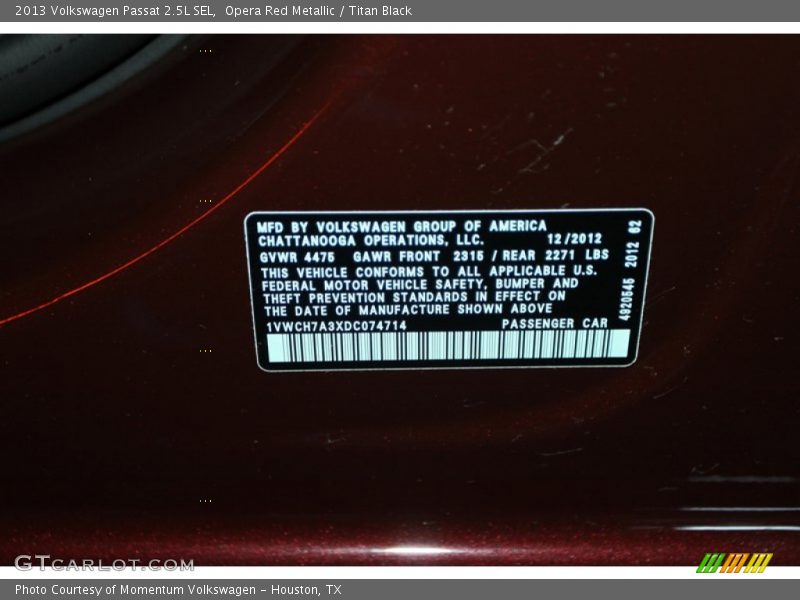 Opera Red Metallic / Titan Black 2013 Volkswagen Passat 2.5L SEL