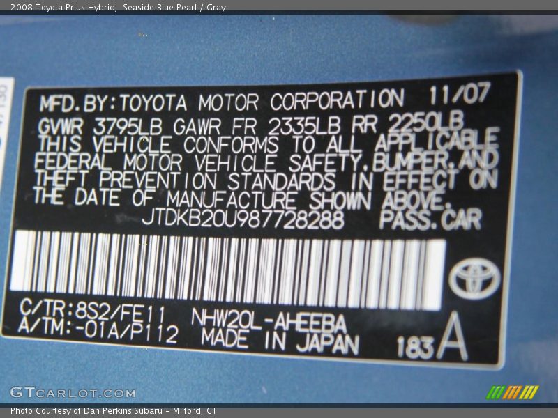 2008 Prius Hybrid Seaside Blue Pearl Color Code 8S2