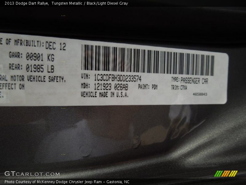 Tungsten Metallic / Black/Light Diesel Gray 2013 Dodge Dart Rallye