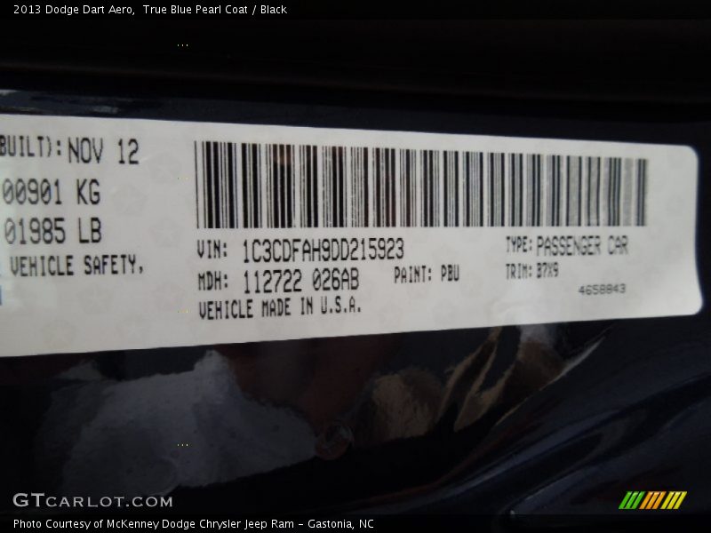 2013 Dart Aero True Blue Pearl Coat Color Code PBU