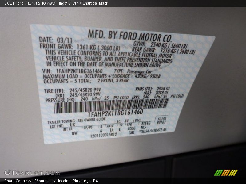 2011 Taurus SHO AWD Ingot Silver Color Code UX
