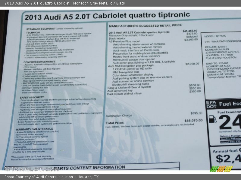 Monsoon Gray Metallic / Black 2013 Audi A5 2.0T quattro Cabriolet