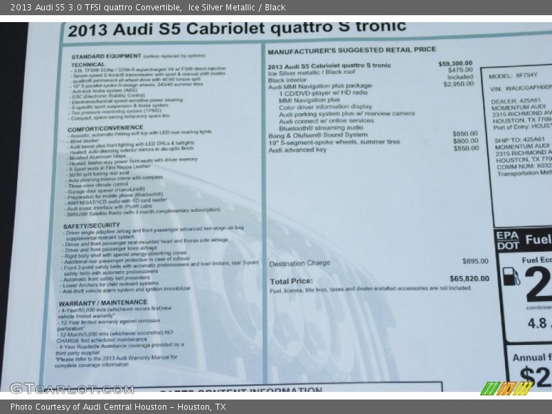  2013 S5 3.0 TFSI quattro Convertible Window Sticker