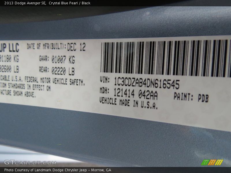 Crystal Blue Pearl / Black 2013 Dodge Avenger SE