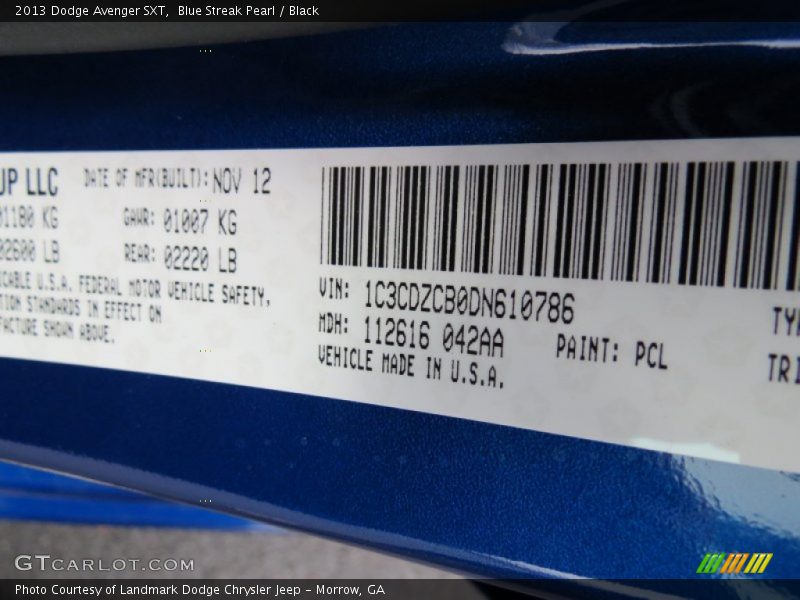 2013 Avenger SXT Blue Streak Pearl Color Code PCL