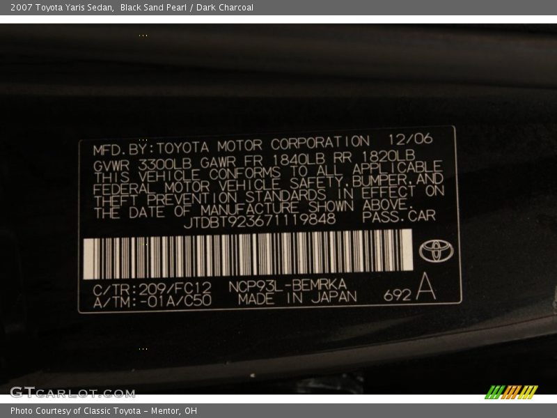 2007 Yaris Sedan Black Sand Pearl Color Code 209