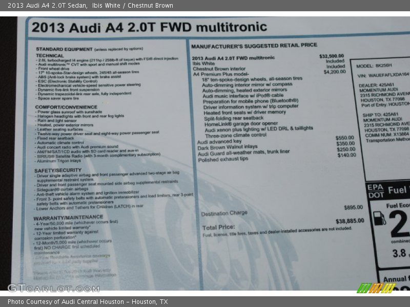  2013 A4 2.0T Sedan Window Sticker