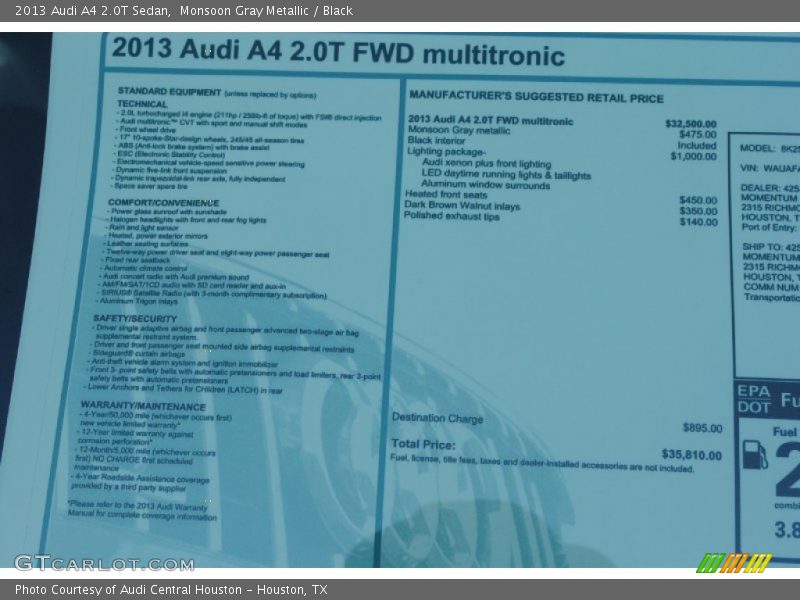 Monsoon Gray Metallic / Black 2013 Audi A4 2.0T Sedan