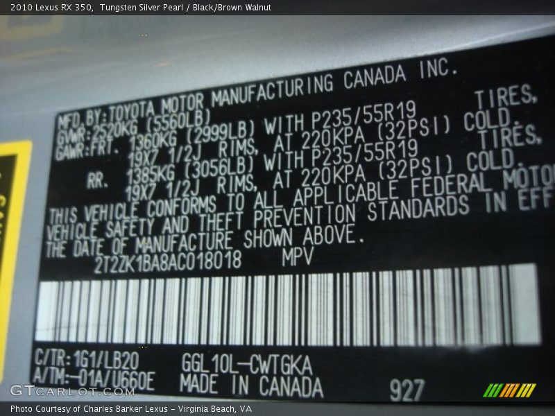 Tungsten Silver Pearl / Black/Brown Walnut 2010 Lexus RX 350