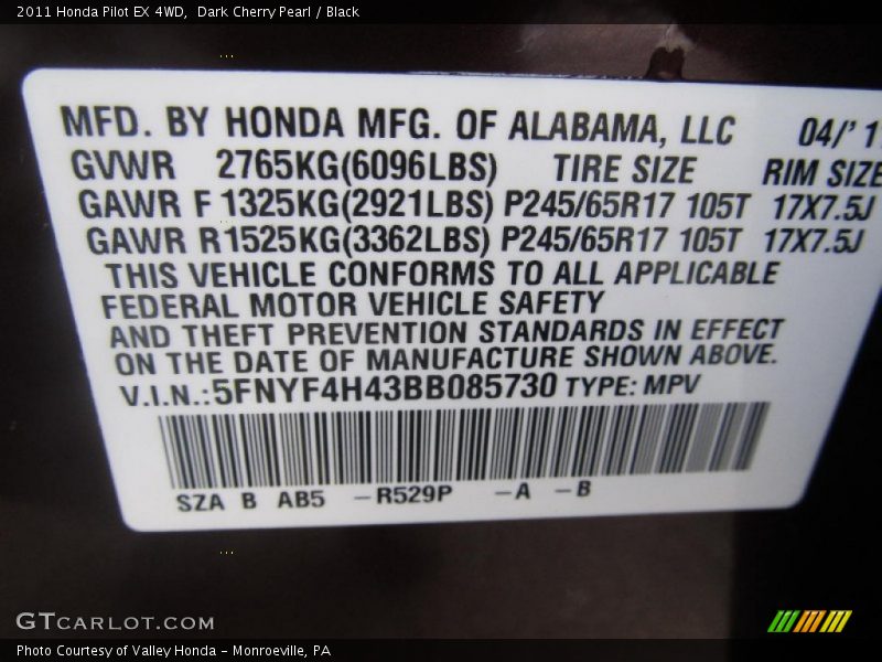 Dark Cherry Pearl / Black 2011 Honda Pilot EX 4WD