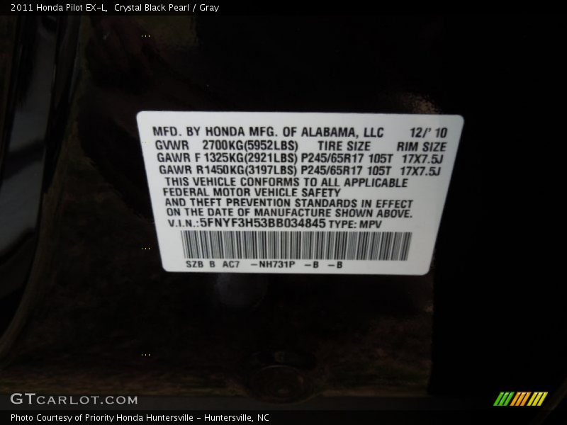 Crystal Black Pearl / Gray 2011 Honda Pilot EX-L