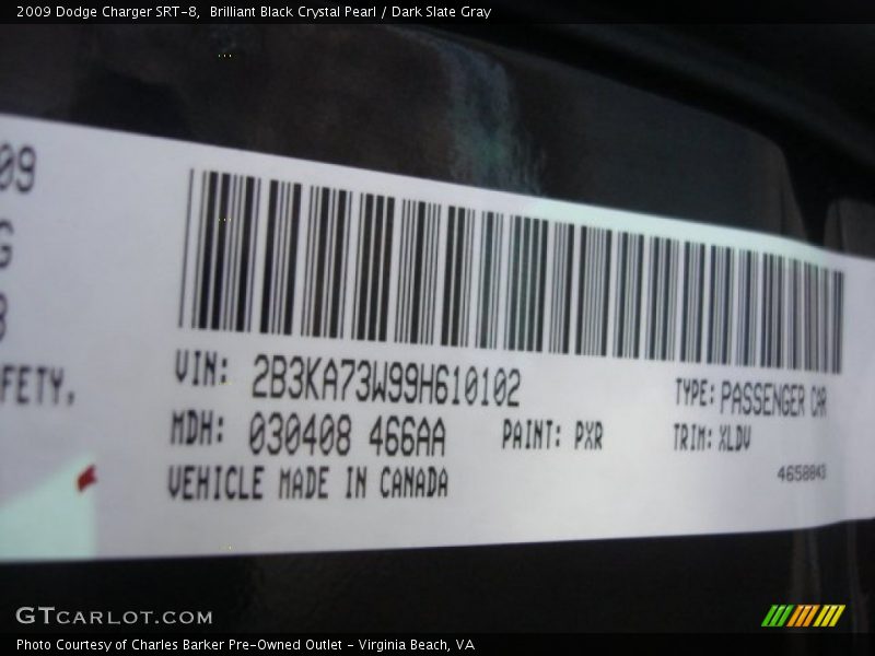2009 Charger SRT-8 Brilliant Black Crystal Pearl Color Code PXR