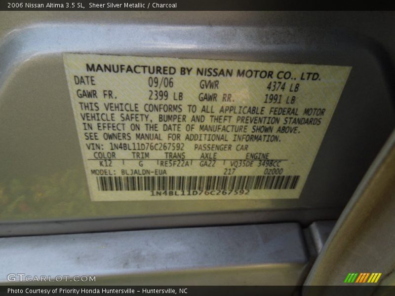 Sheer Silver Metallic / Charcoal 2006 Nissan Altima 3.5 SL
