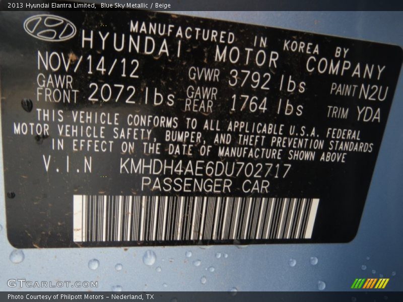 Blue Sky Metallic / Beige 2013 Hyundai Elantra Limited