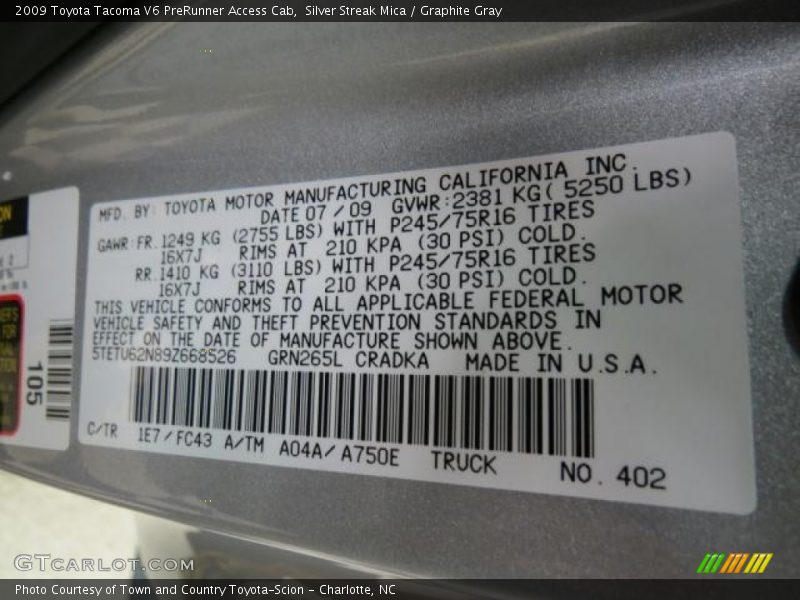 Silver Streak Mica / Graphite Gray 2009 Toyota Tacoma V6 PreRunner Access Cab