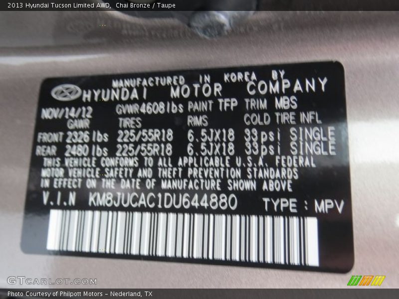 2013 Tucson Limited AWD Chai Bronze Color Code TFP