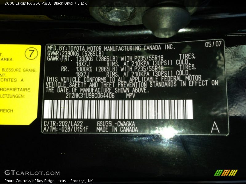 2008 RX 350 AWD Black Onyx Color Code 202