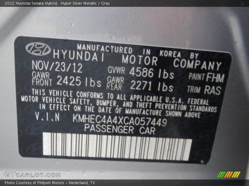 2012 Sonata Hybrid Hyper Silver Metallic Color Code FHM