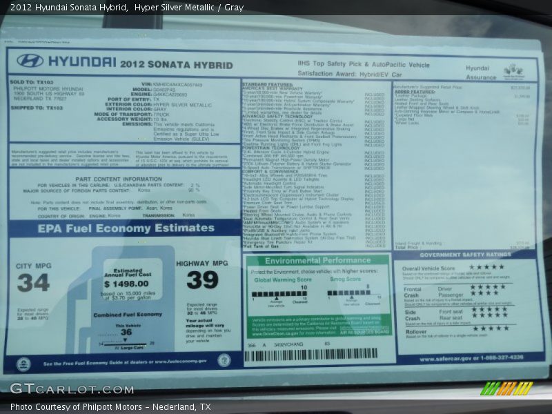  2012 Sonata Hybrid Window Sticker