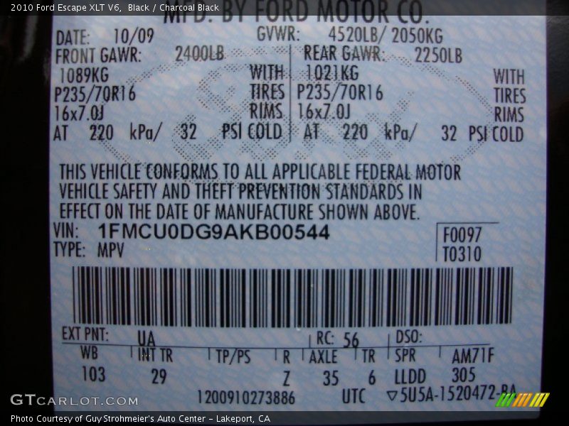 Black / Charcoal Black 2010 Ford Escape XLT V6