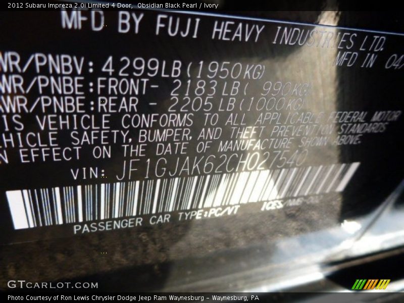 Obsidian Black Pearl / Ivory 2012 Subaru Impreza 2.0i Limited 4 Door