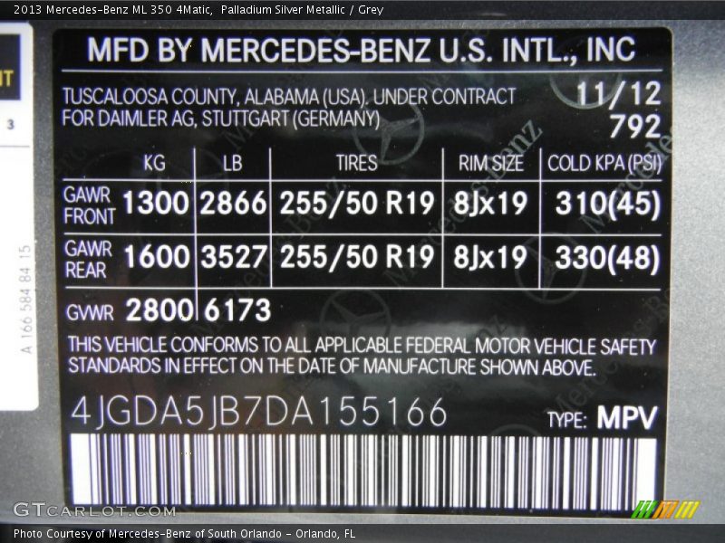 Palladium Silver Metallic / Grey 2013 Mercedes-Benz ML 350 4Matic