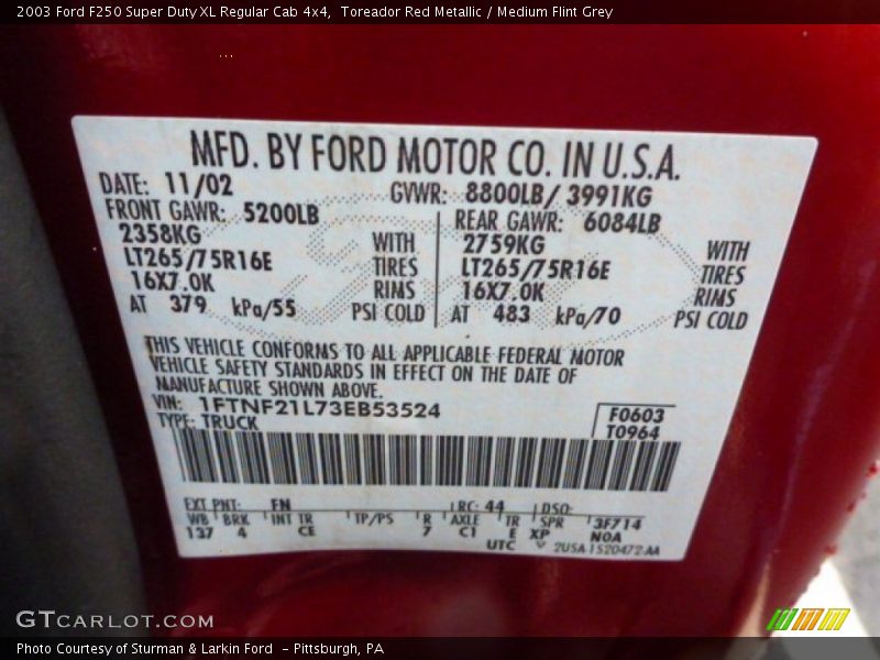 2003 F250 Super Duty XL Regular Cab 4x4 Toreador Red Metallic Color Code FN