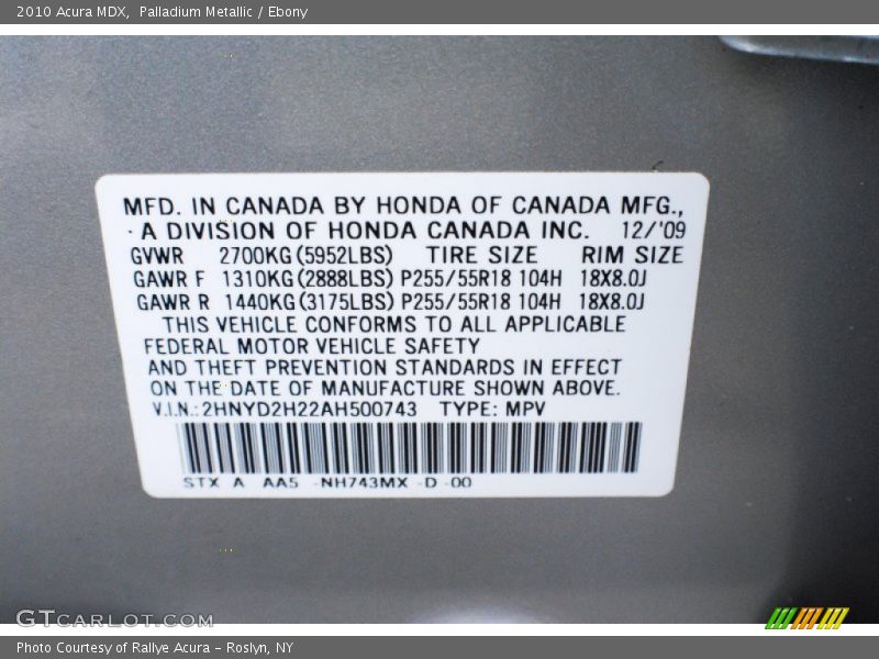 Palladium Metallic / Ebony 2010 Acura MDX