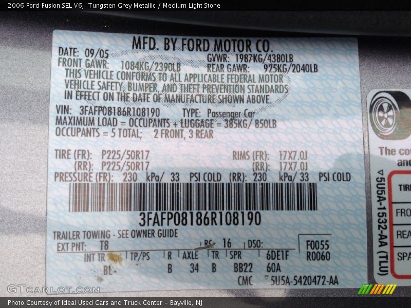 2006 Fusion SEL V6 Tungsten Grey Metallic Color Code T8