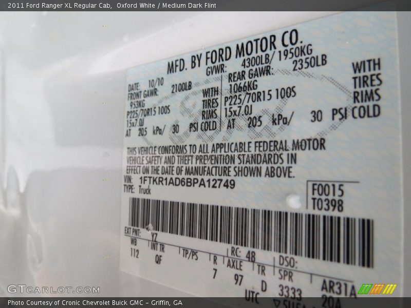 Oxford White / Medium Dark Flint 2011 Ford Ranger XL Regular Cab