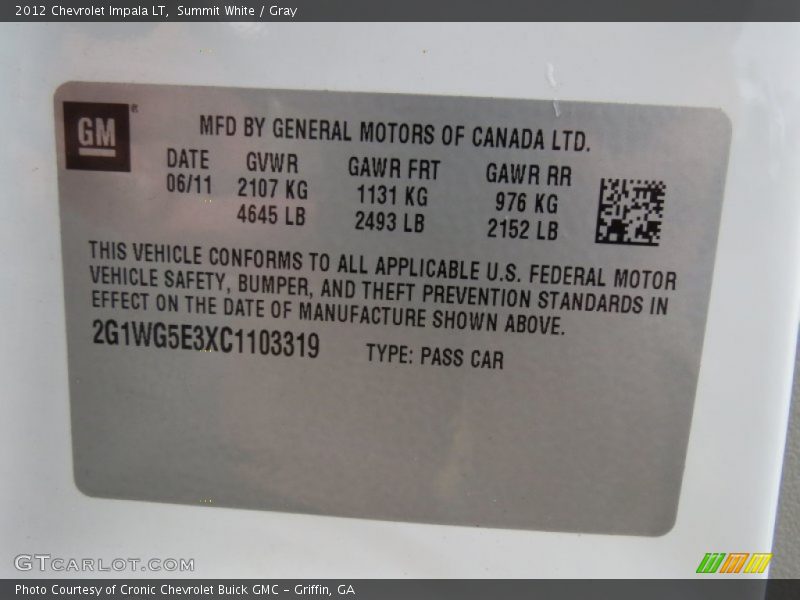 Summit White / Gray 2012 Chevrolet Impala LT