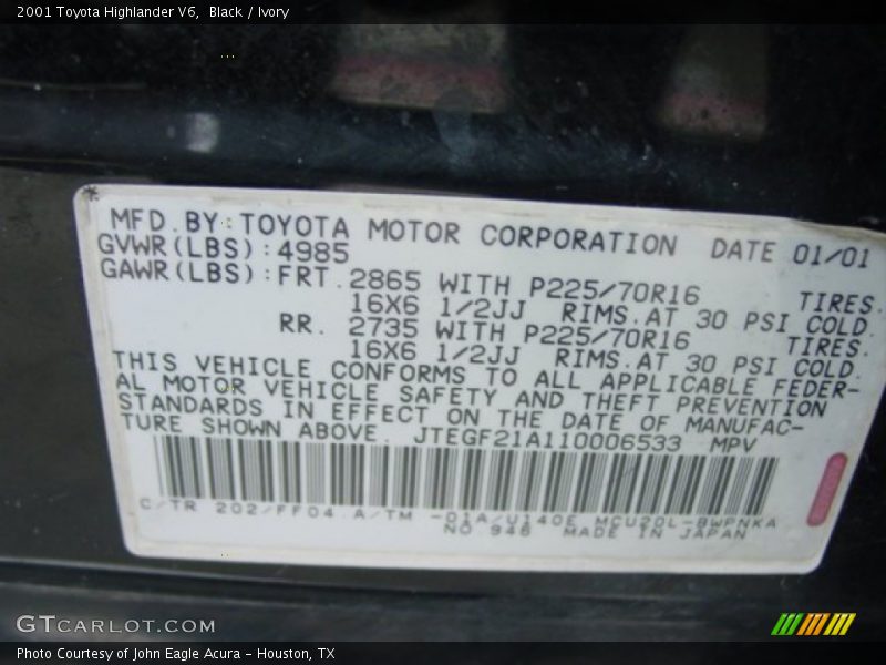 Black / Ivory 2001 Toyota Highlander V6