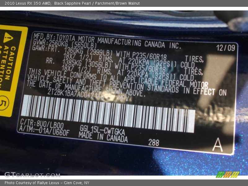 Black Sapphire Pearl / Parchment/Brown Walnut 2010 Lexus RX 350 AWD