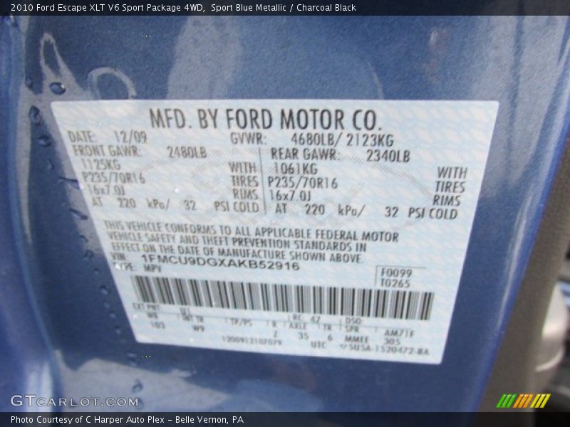 Sport Blue Metallic / Charcoal Black 2010 Ford Escape XLT V6 Sport Package 4WD
