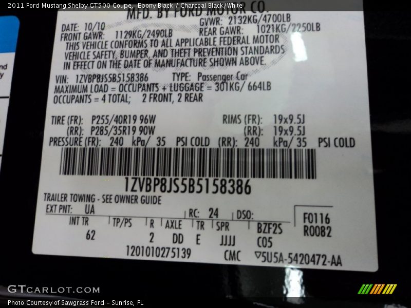 2011 Mustang Shelby GT500 Coupe Ebony Black Color Code UA