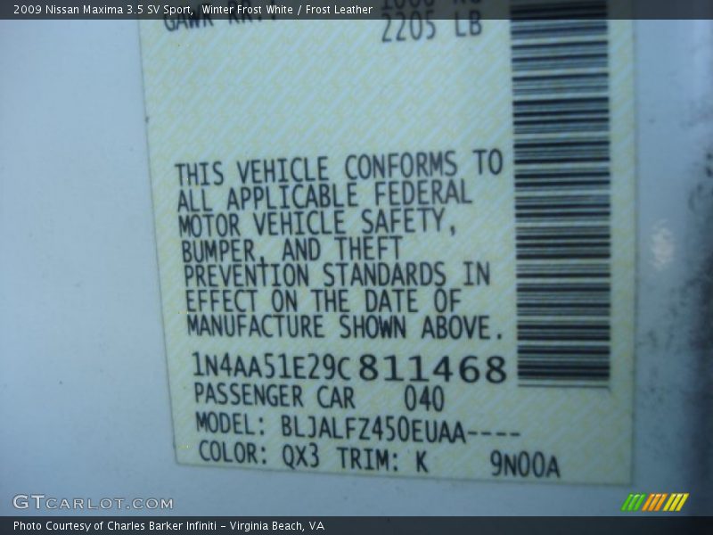 Winter Frost White / Frost Leather 2009 Nissan Maxima 3.5 SV Sport