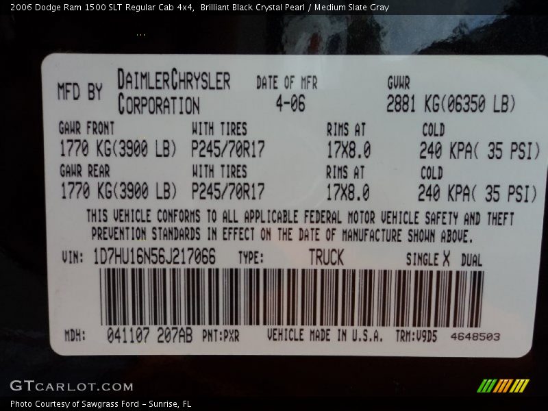 2006 Ram 1500 SLT Regular Cab 4x4 Brilliant Black Crystal Pearl Color Code PXR