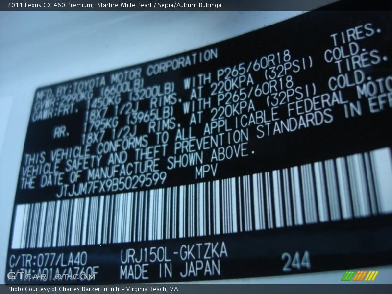 2011 GX 460 Premium Starfire White Pearl Color Code 077
