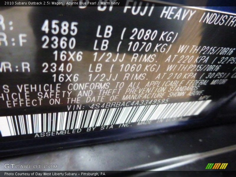 Azurite Blue Pearl / Warm Ivory 2010 Subaru Outback 2.5i Wagon